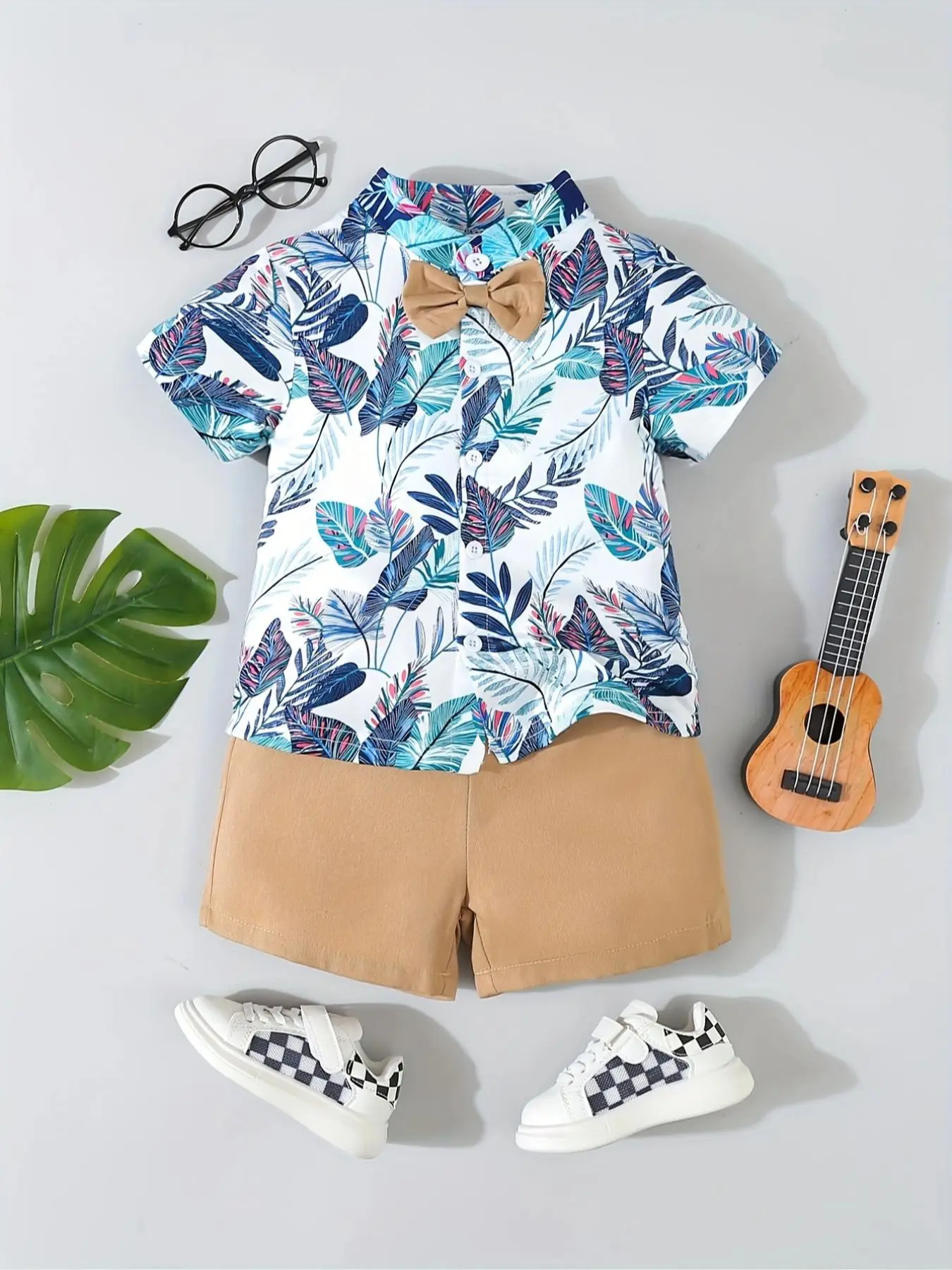 Toddler Boy's Tropical Print Bow Front Short Sleeve Shirt & High Waist Shorts Set, Boho All Over Print Mock Neck Button Up Hawaiian Top & Shorts, Summ