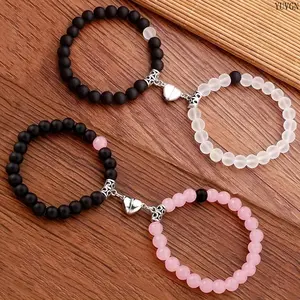 2-4pcs Heart Charm Beaded Friendship Bracelet Set, Black & White Stretchable Matching Handmade Jewelry, Elegant Gift for Couples & Best Friends (Indoor Leisure Accessory), Friendship Bracelets