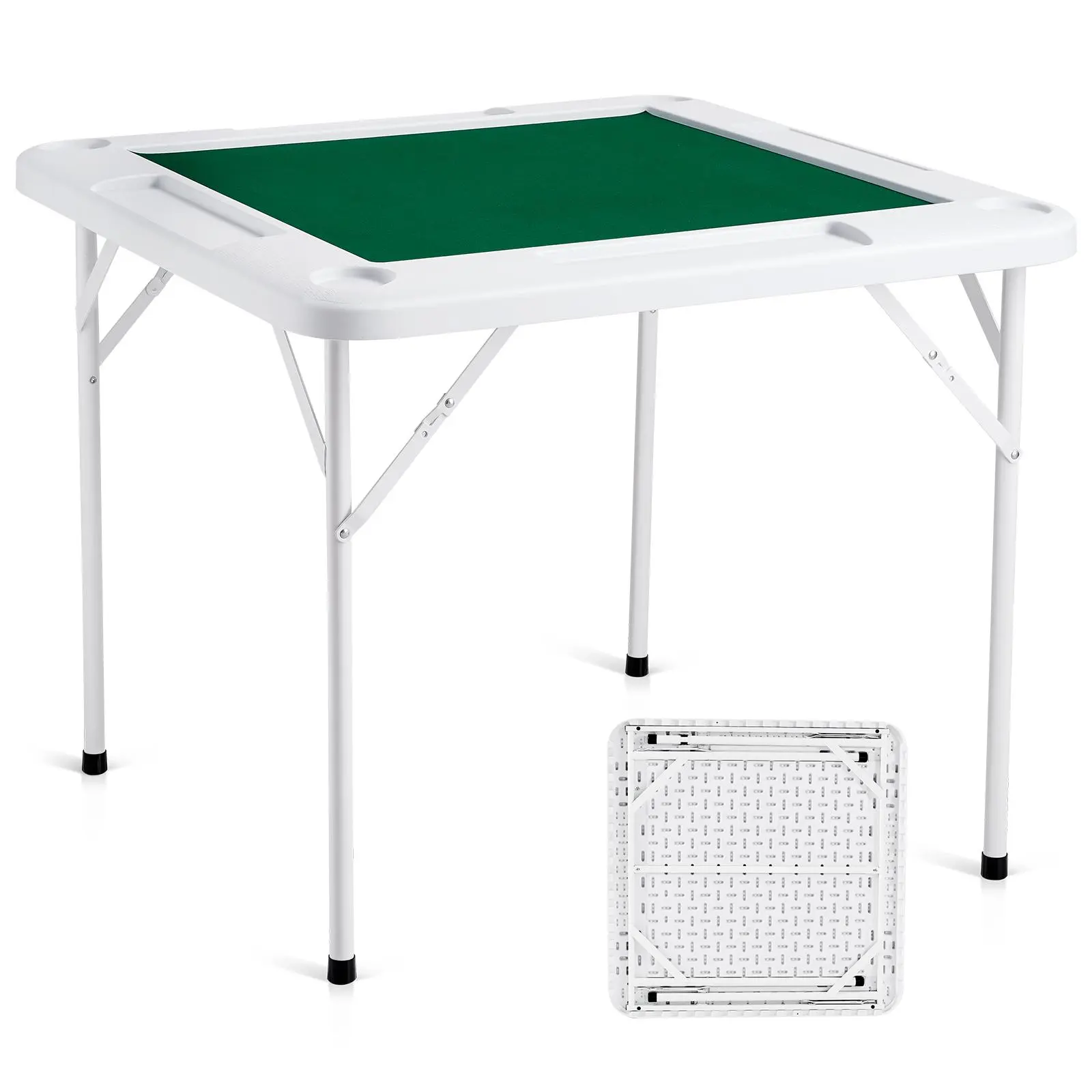【SummerFinds】VEVOR Mahjong Table, 4 Player Folding Domino Table with Wear-Resistant Green Tabletop, Portable Square Card Table with 4 Cup Holders & 4 Chip Trays for Mahjong Poker Puzzles, 35.4 x 35.4-inch