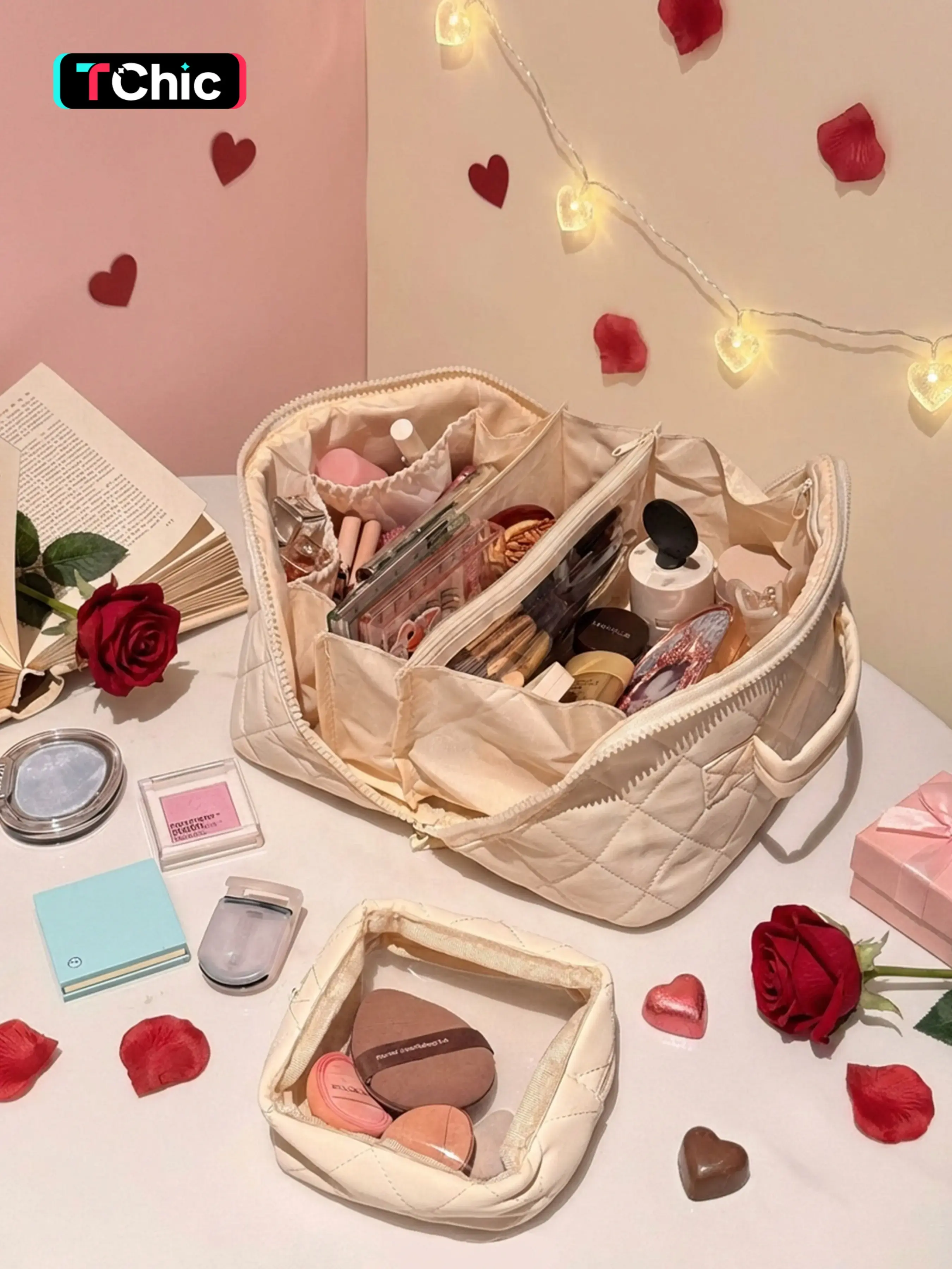 Valentine's Day Women's Large Capacity Travel Makeup Bag, Cosmetic Storage Bag, Cosmetic Bags, Portable Cosmetic Pouch with Transparent Dividers and Brush Slots, Ideal On-The-Go Choice, Makeup Organizer Pouch