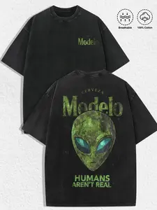 Vintage Washed Black Short Sleeve T-Shirt, Front Mini Modelo Print & Back Alien Head Humans Aren't Real Graphic Tee, 100% Cotton Oversized Sci-Fi Streetwear Top for Men Women, Casual Hangout Gift