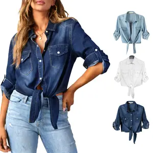 WoodBerry Women's Denim Crop Top Tie Knot Shirt Y2K Western 3/4 Sleeve Button Down Cardigan  for Summer Outfits