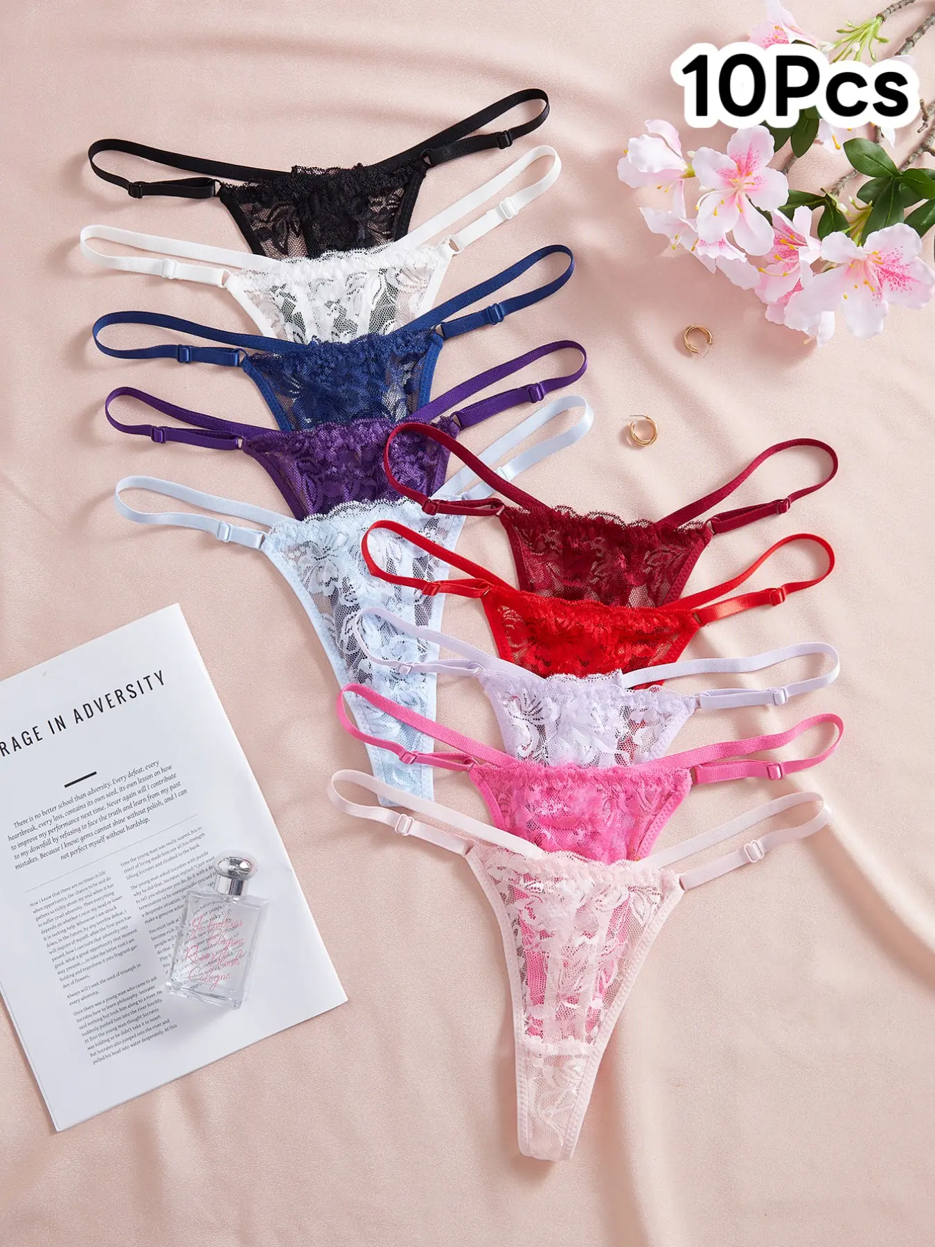 Women's Lace Thong Panties Set of 10, Sexy Low Waist Lightweight No-Scratch T-Shaped Underwear, Perfect for Dresses and Jeans, Minimalist Soft Panties, Fashion Breathable Underwear, Breathable Lightweight Undies