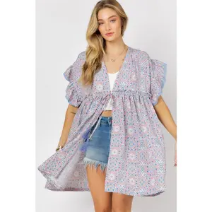 Davi & Dani Printed Short Sleeve Ruffle Kimono stradivarius jacket