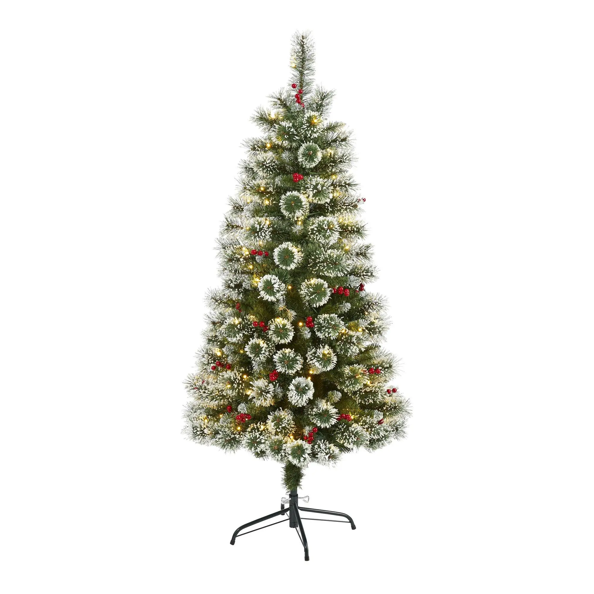 5’ Frosted Swiss Pine Artificial Christmas Tree with 200 Clear LED Lights and Berries