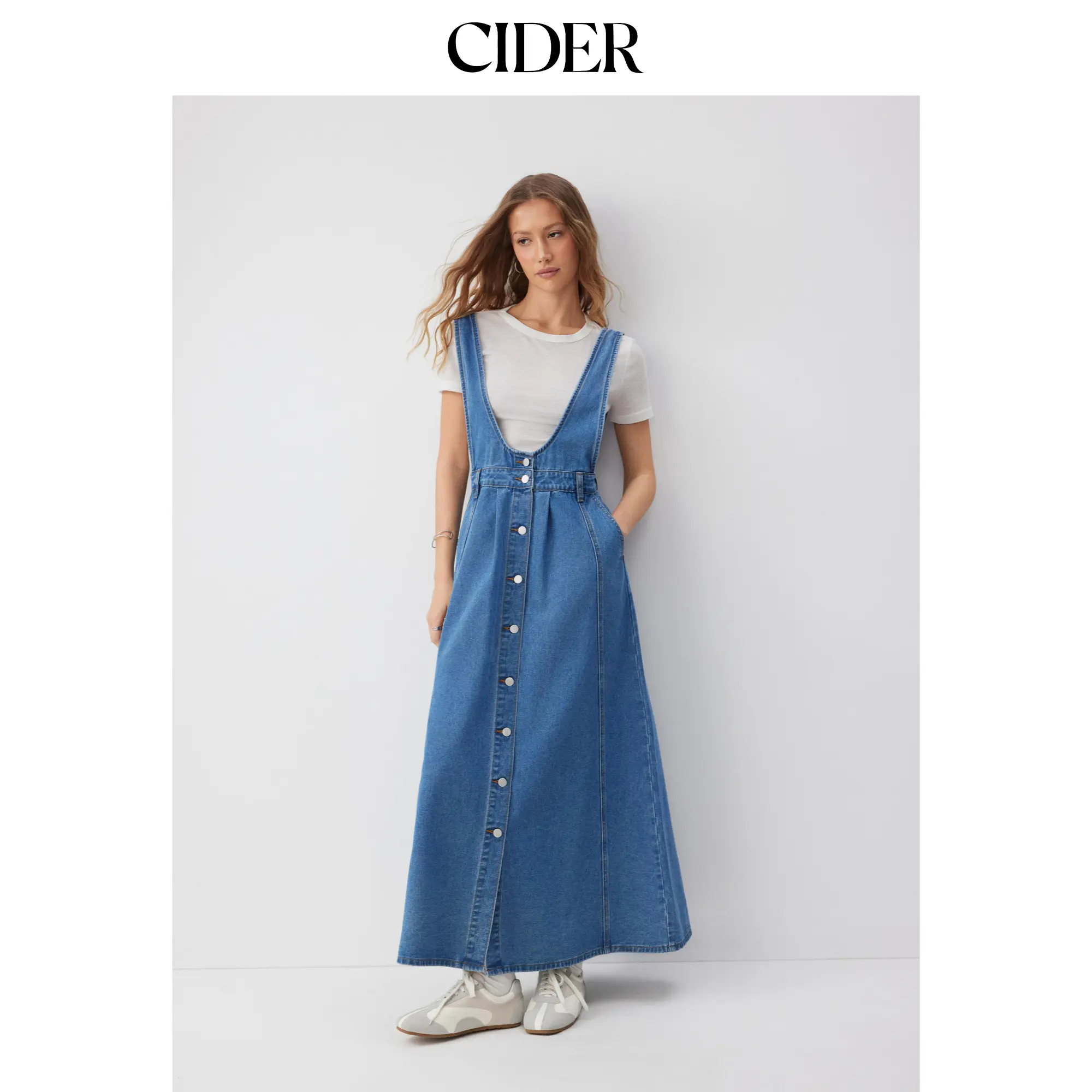 Cider Washed Denim Pinafore Maxi Dress With Metal Detail