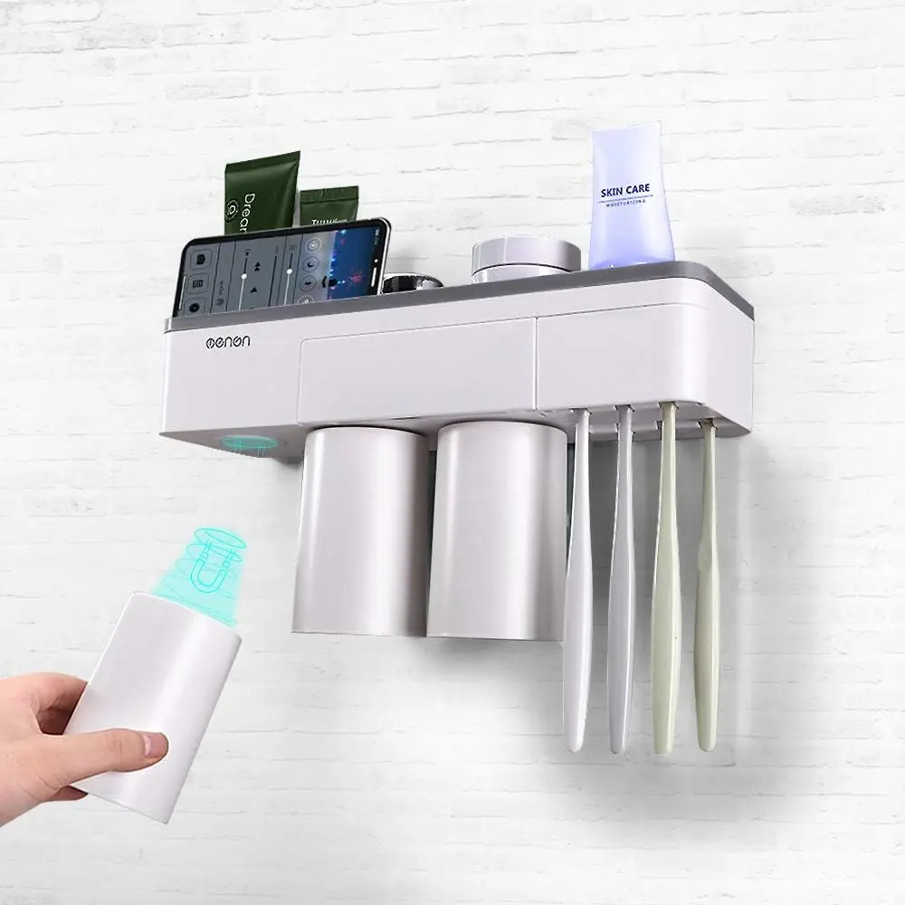 Multifunctional ABS Wall Mount Toothbrush Holder Set - Bathroom Org. with Slot Storage, 3 Magnetic Cups, 6 Slots, Cover, Drawer, Phone Holder, Water Draining Design for Small Bathrooms, Modern
