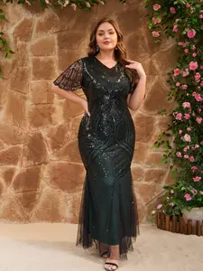 Women's Plus Size Sequin Beaded Mermaid Evening Gown with Flutter Sleeves, Elegant V-Neck Long Formal Dress for Party, Prom, Wedding Guest, 1920s Gatsby Style CXD21