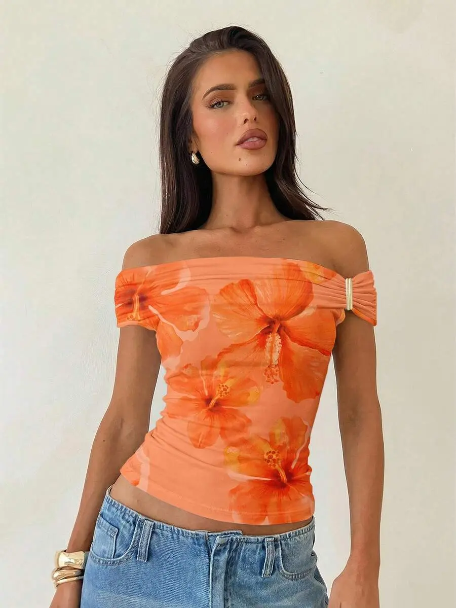 BELLORA Women's Floral Print Ruched Off-Shoulder Fashionable T-Shirt For Vacation,Summer Top Vacation Orange Floral Tropical Beach Vacation Tropical
