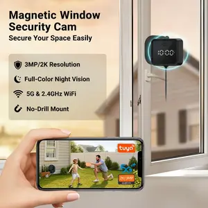 Zoall 3MP/2K Magnetic Window Security Camera, 5G&2.4GHz WiFi, Full-Color Night Vision, Real-Time Clock Display, Local Audio Recording, SD Card Support, No-Drill Mount, Wireless Indoor/Outdoor for Apartments