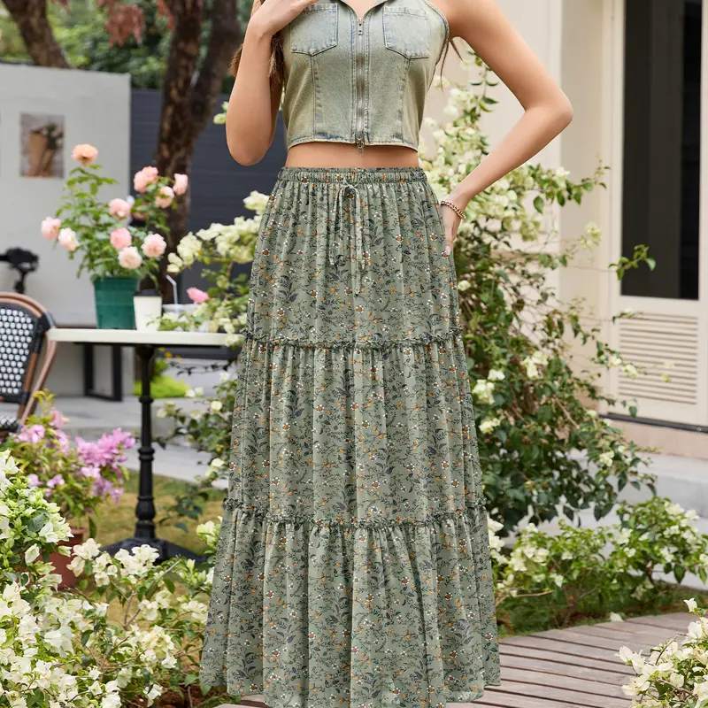 CYiNu Women's High-Waist Elastic Drawstring A-Line Floral Tiered Chiffon Maxi Skirt - Lace Trim Petticoats, 100% Polyester Breathable Boho Wear, Plus Size, Beach-Party Ready, Suitable for Summer Casual Daily Wear with Tees/Tanks