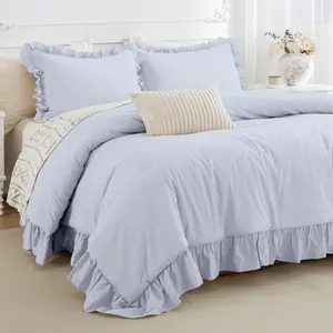 100% Ruffled King Comforter,Farmhouse Cornflower Blue Ruffle Comforter Lightweight Ultra Vintage Rustic for