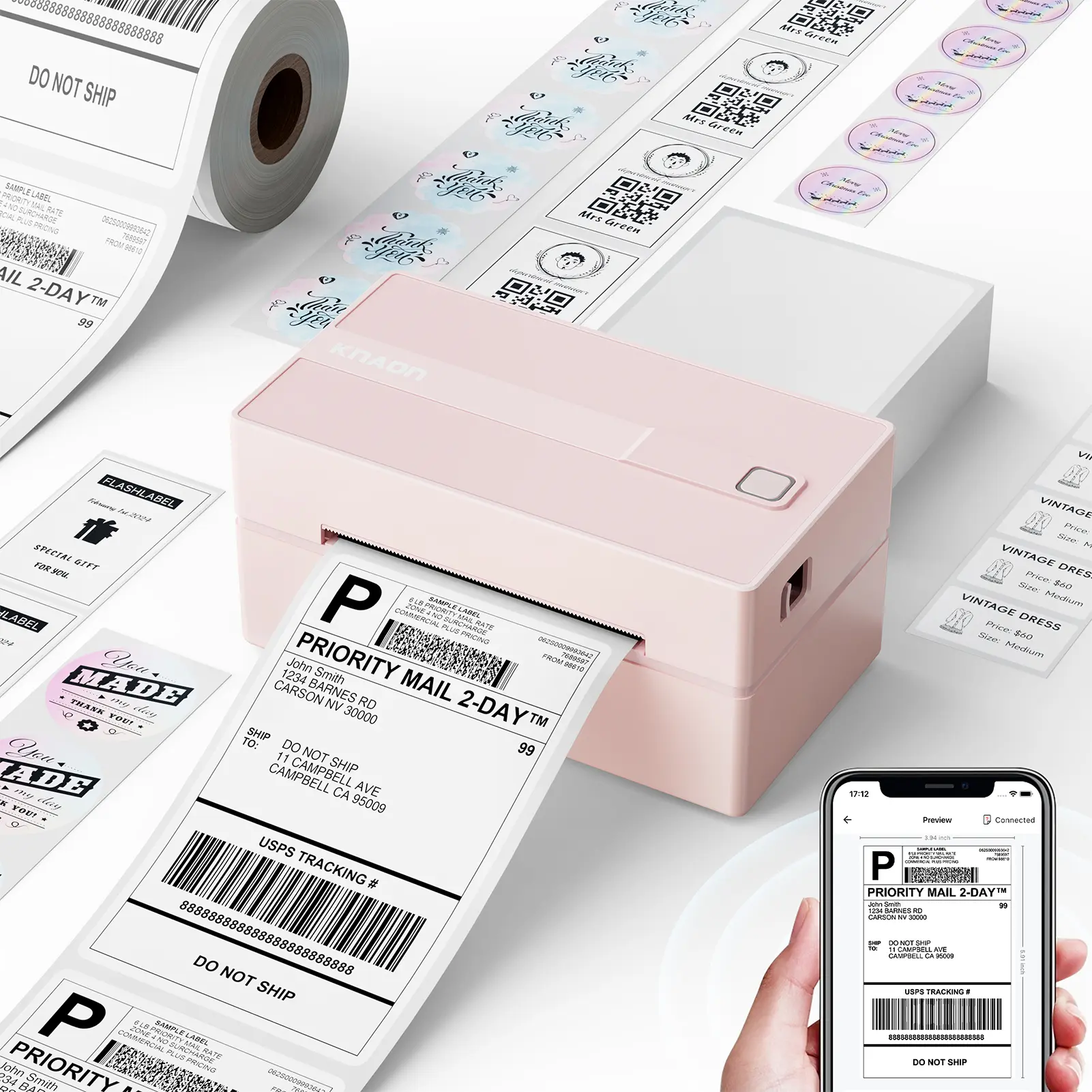KNAON Thermal Shipping Label Printer BLuetooth Wireless Printer 4x6 for Small Business & Package,Compatible with USPS, Amazon, Shopify, iOS/Android/Windows/Mac