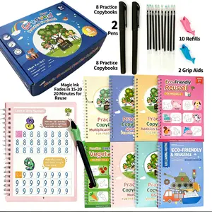 Magic Reusable Grooved Practice Copybook Set - 8 Books, 2 Pens, 10 Pen Refills, 2 Pencil Grips, Erasable Pages, Groove Handwriting Guide for 3+ Preschool Toddlers (Numbers, Animals, Drawing Early Learning Tracing Kit)