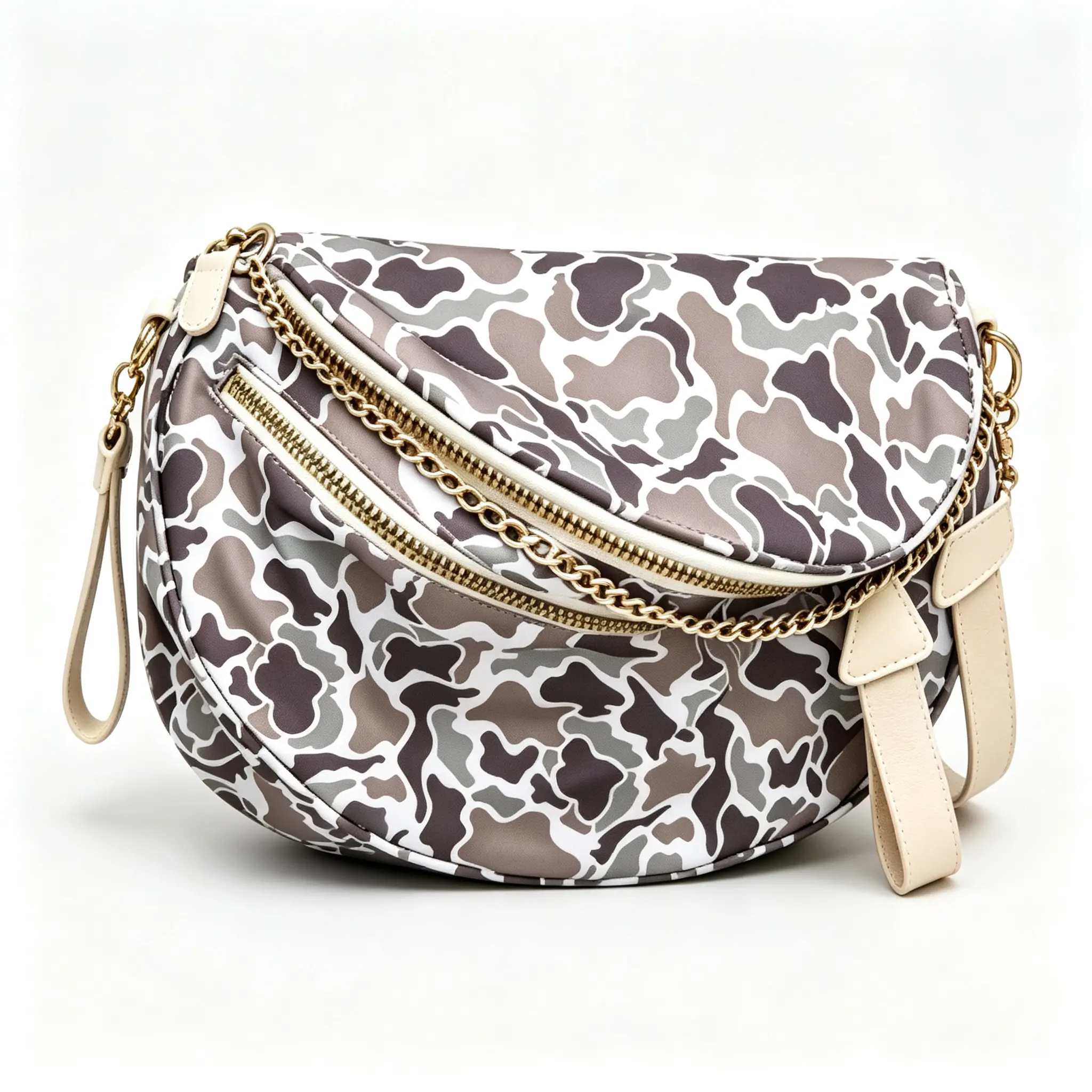 Stylish Neutral Camo Print Shoulder Crossbody Bag, Gold Chain Decor Saddle Fanny Pack, Spacious Zipper Chest Sling Bag for Shopping Travel Outdoor Daily Use