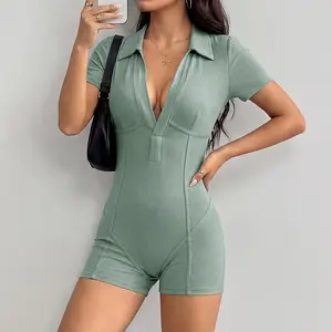 Women's Basic Sage Green Ribbed Collared Short-Sleeve Overalls - Form-Fitting Polo Neck Short Jumpsuit, Ideal for Casual Outings, Brunch