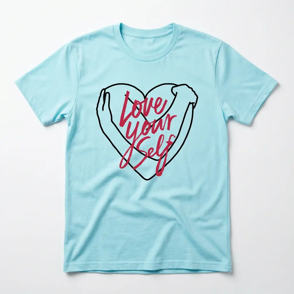 Love Yourself Graphic Tee | Sky Blue Heart Hug Shirt | Self Care Gift | Soft Girl Aesthetic Unisex Cotton Top | Mental Health Awareness