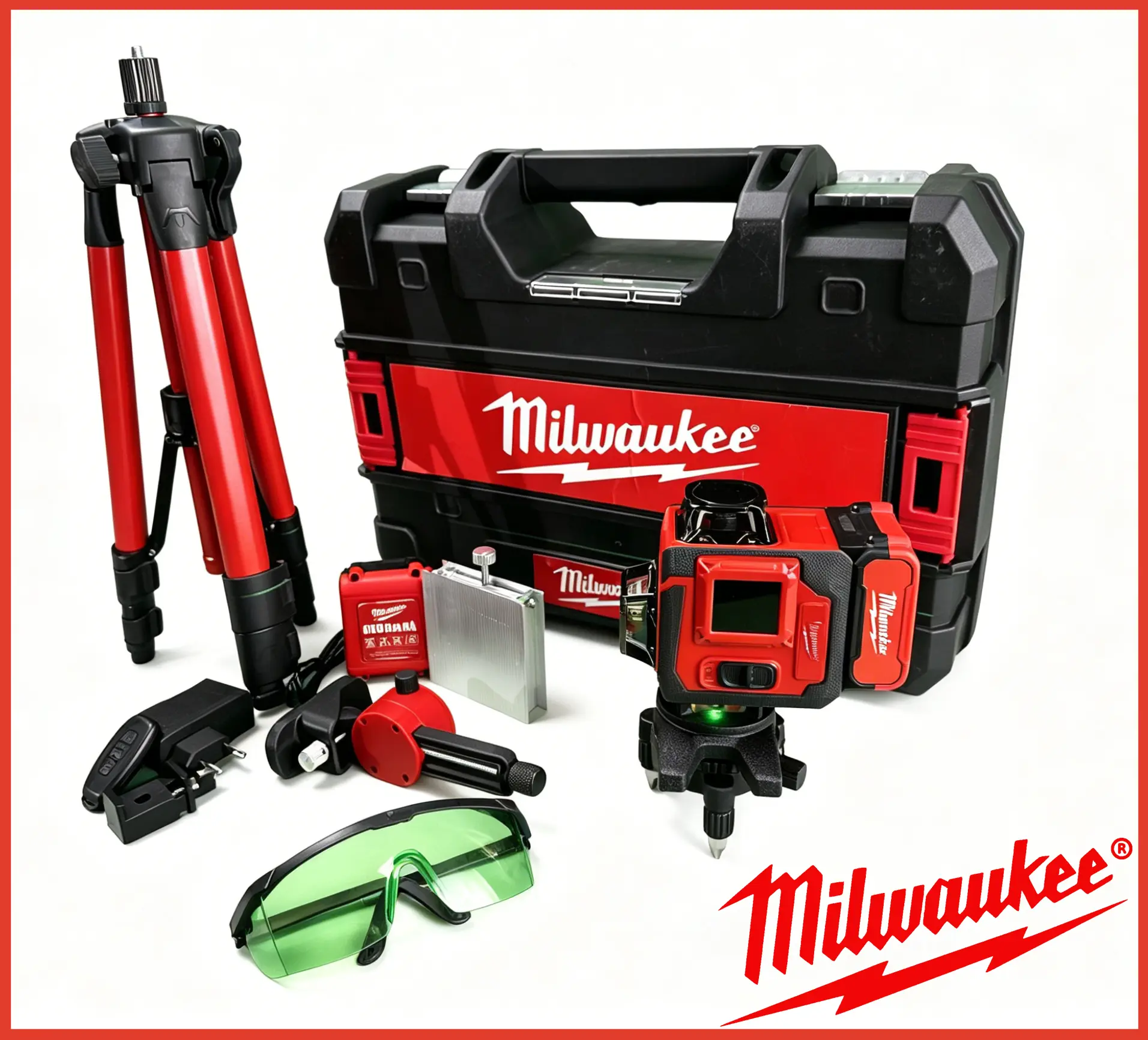 Milwaukee 360° Cross Line Green Beam Laser Level Complete Kit With Tripod Protective Storage Case & Laser Glasses For Wall Layout, Tile Installation & Home Renovation green beam laser level bar mangift egg boat