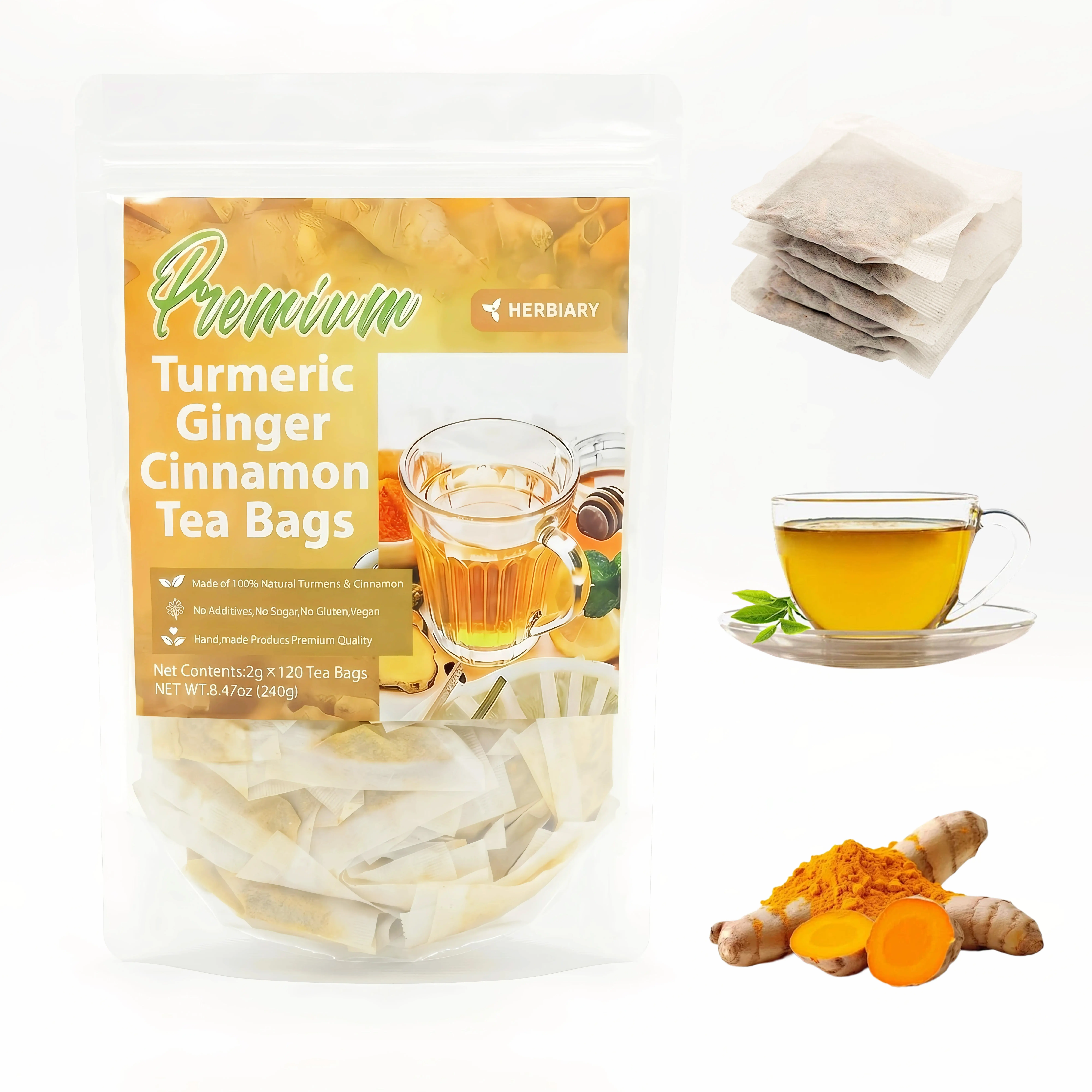 Turmeric Ginger Cinnamon Tea Bags 100% Natural Anti-Inflammatory Eco-Friendly 120g 60 Tea Bags Sugar-Free Caffeine-Free Gluten-Free Vegan