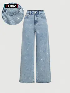 Women's Elegant High-Waisted Wide-Leg Denim Jeans, with Rhinestone Embellished, All-Season Fitted Woven Fabric Fashion Pants, Style, Womenswear