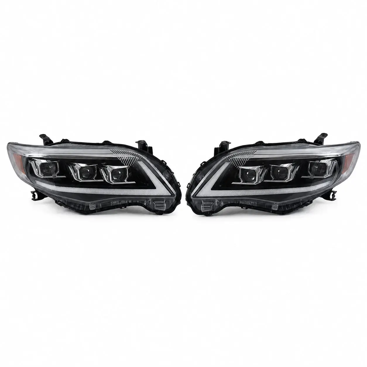 LED Triple Projector Headlights Assembly Pair for 2011-2013 Tenth Gen Toyota Corolla - Aluminum Base, Anti-Flicker, Plug-and-Play, Smoked Housing