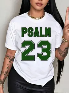 Inspirational Psalm 23 Graphic Print T-Shirt, Soft Cotton Loose Homewear, Casual Daily Wear, Trendy Christian Style, Comfortable Short Sleeve