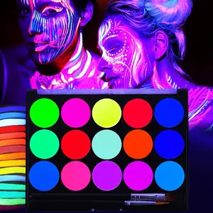 15-Color Glow Face Paint Set  Washable UV Neon Makeup for Raves, Cosplay & Halloween