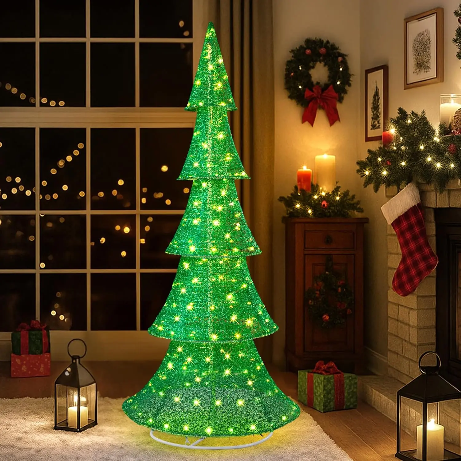 6FT Outdoor Lighted Artificial Christmas Tree Decoration, Pop up Collapsible Xsmas Tree Decor with LED Lights, Foldable Fabric Pine Tree for Holiday Yard Indoor Porch Lawn