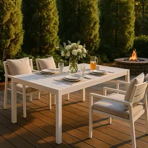 55 Inch White Modern Long Table - Indoor/Outdoor Multi-Purpose Dining Table, Patio Table, Garden Table - Lightweight PP Tabletop with Metal Legs for Kitchen, Courtyard, Terrace Gatherings (White)
