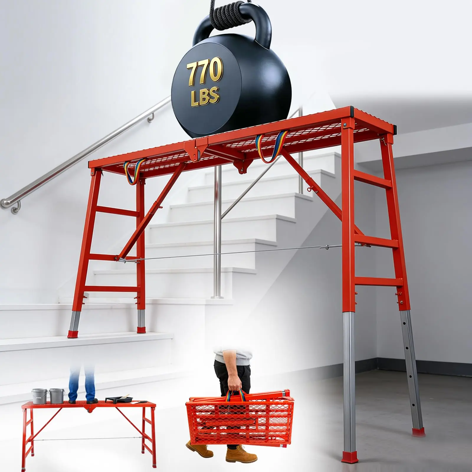 Maeklon Heavy Duty Portable Folding Scaffolding Ladder, 70.8x15.2x36.2-62 in Welded Steel Work Platform, 770 Lbs Capacity, Tool-Free Adjustable Height, Slip-Proof Construction Ladder with Advanced Safety Features, Ideal for Painting, Wiring