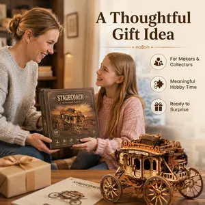 【ROBOTIME】Wooden Stagecoach Mechanical Music Box - 3D Buildable STEM Puzzle Kit, Hands-On Crafting Stress Relief Toy, Gift for Adults for Graduation, Valentine’s Day, Birthday
