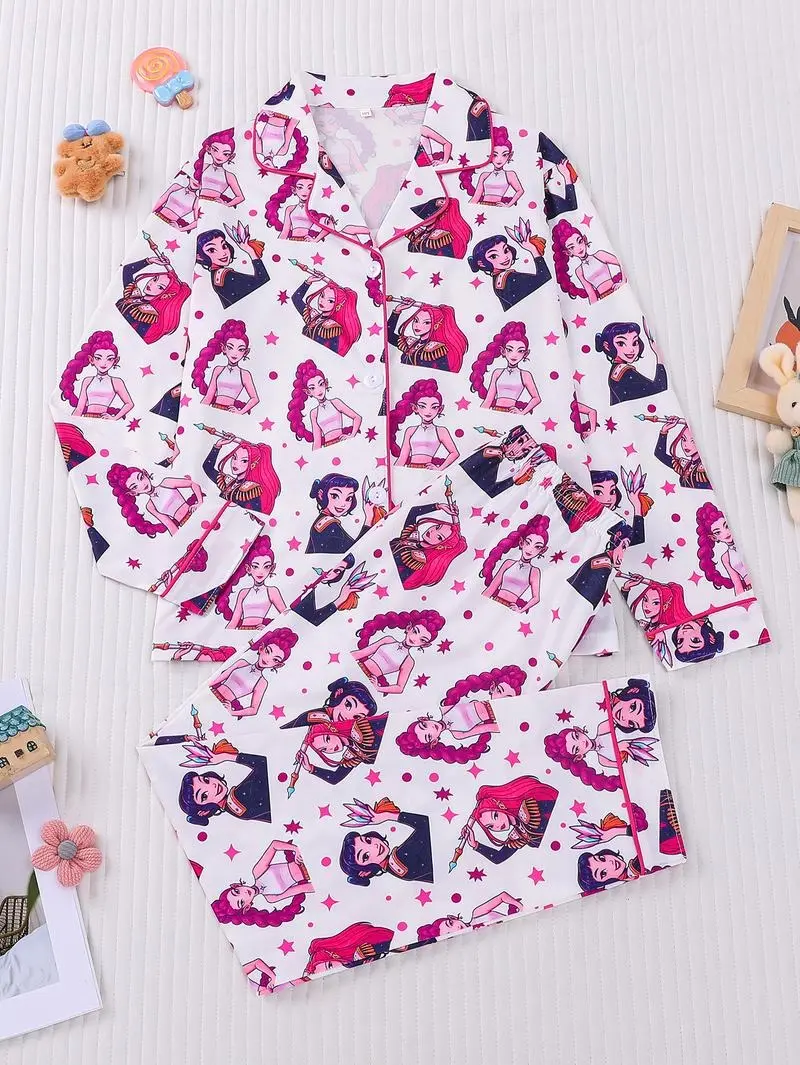 Star K-Pop Huntress Cartoon Print Long Sleeve Pants with Button Closure and Elastic Waistband for All Seasons Casual Homewear