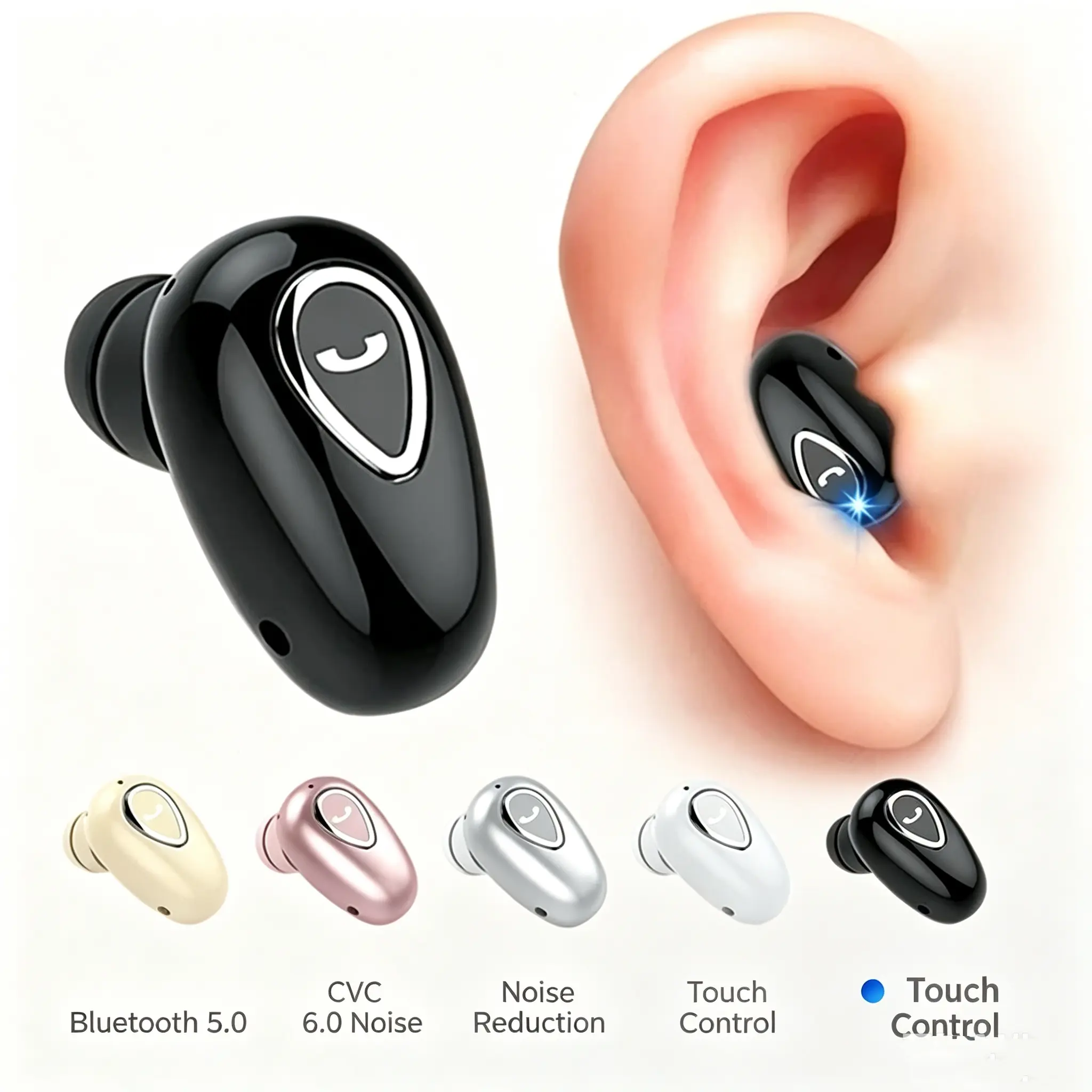 Mini Invisible Bluetooth 5.0 Wireless Earphones - ABS Plastic, IPX5 Rated, Rechargeable Li-Ion, HiFi Audio, Hands-Free Sports In-Ear Earbuds with Mic, Single Earbud Compatible Gaming Headset