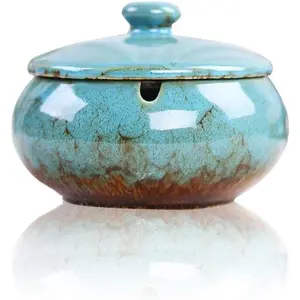 Blue Ceramic Ashtray With Lid Windproof Desktop Cigarette Ash Tray