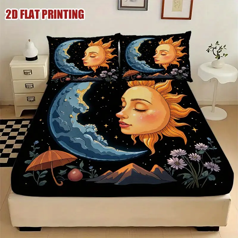 Soft All-Season 3-Piece Sun and Moon Dance Print Bed Sheet Set - Vibrant Sky Other Patterns (Sun, Moon, Stars), Includes 1 Bed Sheet, 2 Pillowcases, Stylish for Guest Room