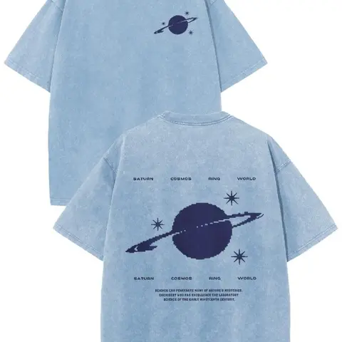 Holafish 100% Cotton Saturn Cosmos Womens Acid Washed T‑Shirt Retro Dual‑Side Graphic Printed Unisex Fashion Tees Summervibes Casual Top 2026