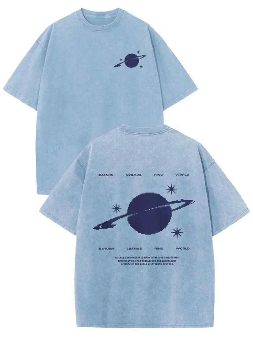 Holafish 100% Cotton Saturn Cosmos Womens Acid Washed T‑Shirt Retro Dual‑Side Graphic Printed Unisex Fashion Tees Summervibes Casual Top 2026