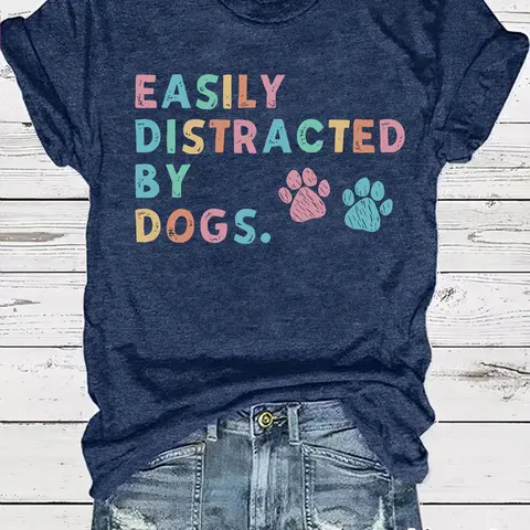 Women's Dog Paw Print Round Neck Tee, Casual Short Sleeve Crew Neck T-shirt for Summer, Fashion Women's Top for Daily Wear