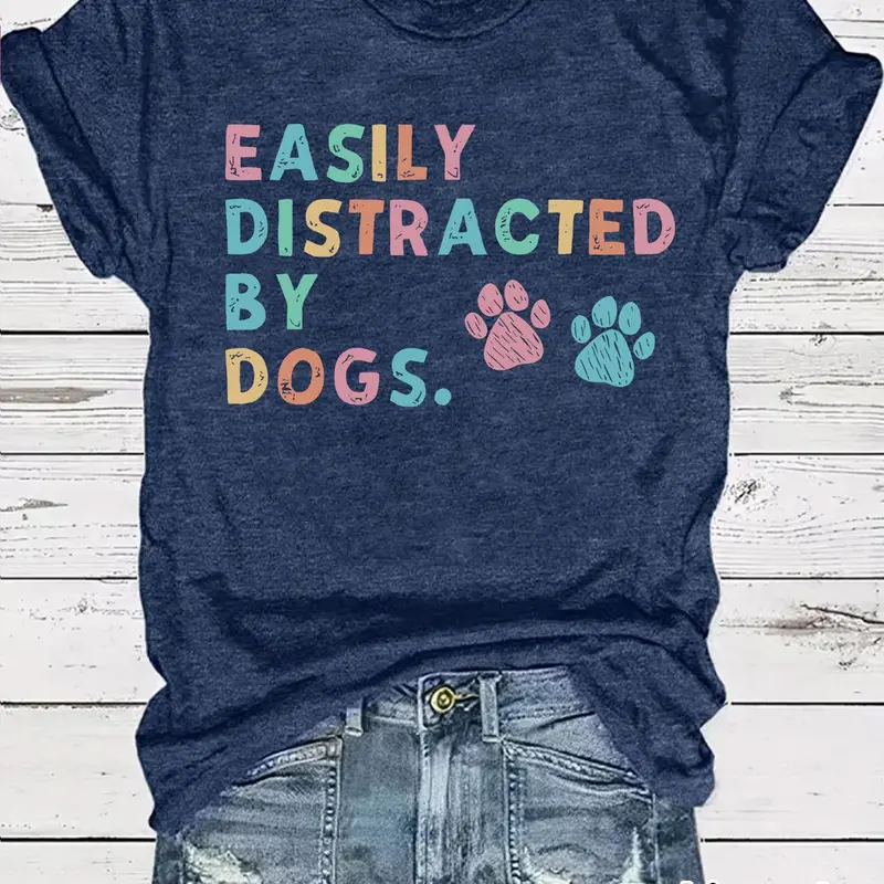Women's Dog Paw Print Round Neck Tee, Casual Short Sleeve Crew Neck T-shirt for Summer, Fashion Women's Top for Daily Wear