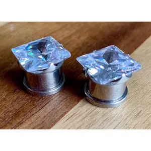 PAIR of Stunning Large Square CZ Gem Steel Screw Fit Tunnels/Plugs - Gauges 8g (3.2mm) thru 1/2" (12mm)