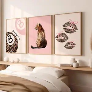 Vintage Leopard Poster Art Print Pink Coquette Cheetah Kiss Print 8 Ball Lucky Trendy Animal Wall Art Decor Girly Preppy Aesthetic Wall Decor For Bedroom Living Room Set of 3 Gift Idea couple canvas office prayer room decor abstract lip wooden frame custo