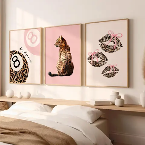 Artistic 3-Piece Leopard & Pink Cheetah Print Wall Art with Custom Abstract Lip Wooden Frames, Girly House Decor & Cool Room Accessories for Bedroom, Office