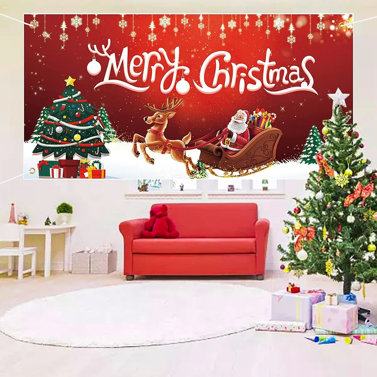 Vibrant Christmas Tree and Santa Printed Christmas Flag Banner, Large Merry Christmas Home Decoration for Dorm Room and Winter Decor