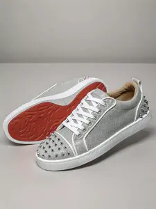 Men's Silver Glitter Fabric Studded Casual Skate Shoes, Cool Luxury Style, Glitter Fabric + Stud Decoration + Orange Sole Contrast, Cool & Eye-Catching, Unique Texture , Ideal for Daily Outfits & Leisure Outings