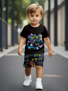Off-road car graffiti playful printed baby short-sleeve set, casual kids' clothing for infants and toddlers. This 100% polyester T-shirt is suitable for daily wear and outdoor sports, making it a perfect gift for little ones!