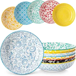 8.5" Pasta Bowls Set of 6, 40 oz Porcelain Shallow Salad Bowls, Serving Bowls Large Kitchen Bowl Plates Pasta Dishes Plates, Colorful Floral Design, Microwave Safe, Series SELENE