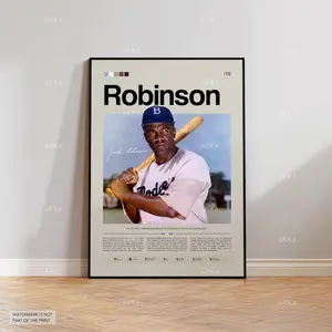 Jackie Robinson Poster, Brooklyn Dodgers Wall Art Print, Framed MLB Baseball Décor