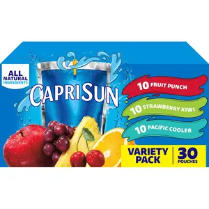 Capri Sun Variety Pack 30 Pouches Fruit Punch Strawberry Kiwi Pacific Cooler All Natural Juice Drink Blend 6 fl oz for School Lunches On-the-Go Hydration - Corn, Beverage