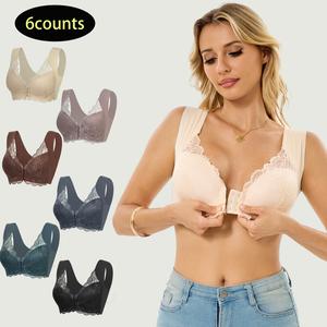 【6counts】Women's Contrast Lace Hook & Eye BuckleWireless Bra, 2025 New Style Soft ComfortableBreathable Bra, Women's Lingerie for All Seasons Basic Minimalist summerwins