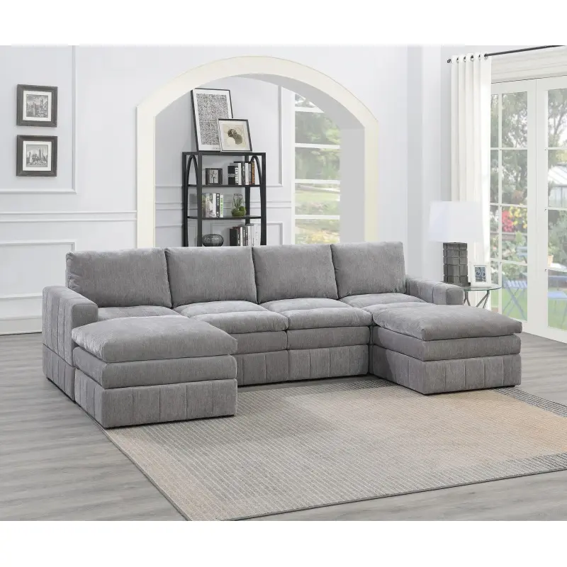 Contemporary 6pc Set Modular Sectional Set 2x One Arm Chair / Wedge 2x Armless Chairs 2x Ottomans Granite Color Morgan Fabric Plush Living Room Furniture